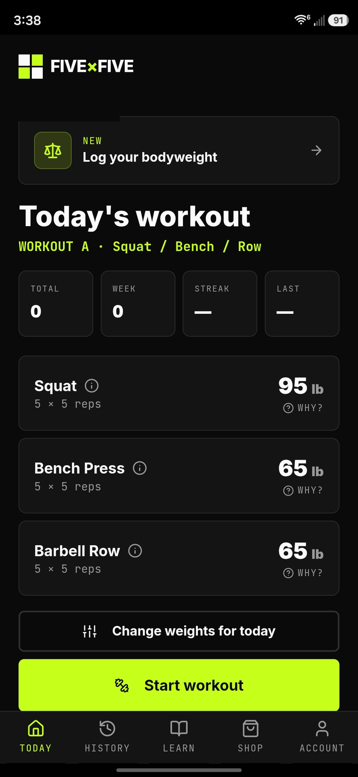 FIVE×FIVE Today screen showing Workout A with Squat 95 lb, Bench Press 65 lb, and Barbell Row 65 lb — the start-workout flow.