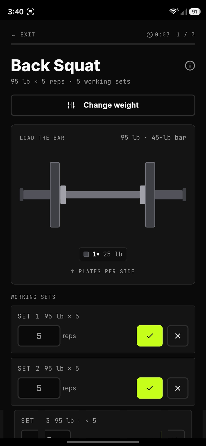 FIVE×FIVE Back Squat workout in progress, showing the load-the-bar plate calculator (25 lb per side on a 45-lb bar) and set tracking.